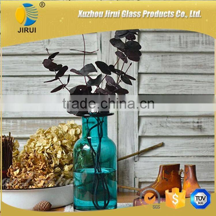 Wide mouth blue glass vase for home decoration with flower