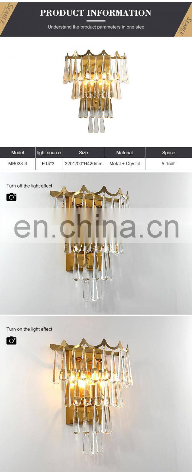 Luxury Design Corridor Home Hotel Decoration Fixtures Crystal Indoor Wall Lamp