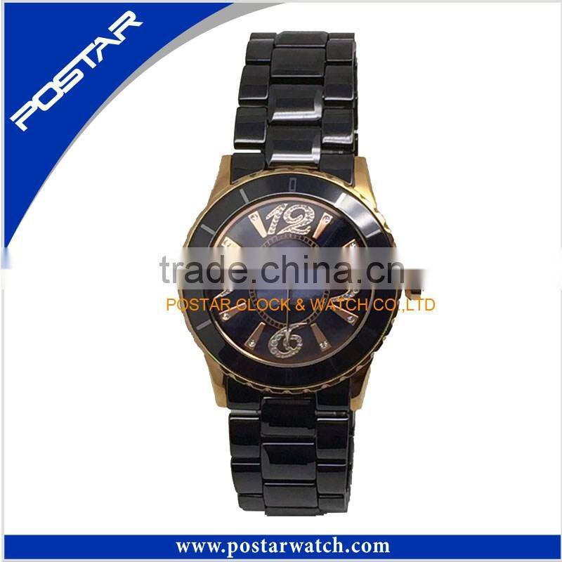 Black white ceramic strap summer watch with round sharp case