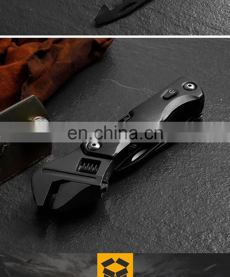 All black adjustable wrench for outdoor multi-purpose combination tool wrench with light attached