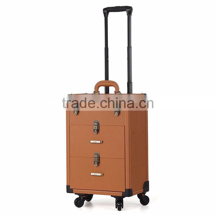 Manufacturer OEM trolley makeup artist case with functional wheels rolling and mirror