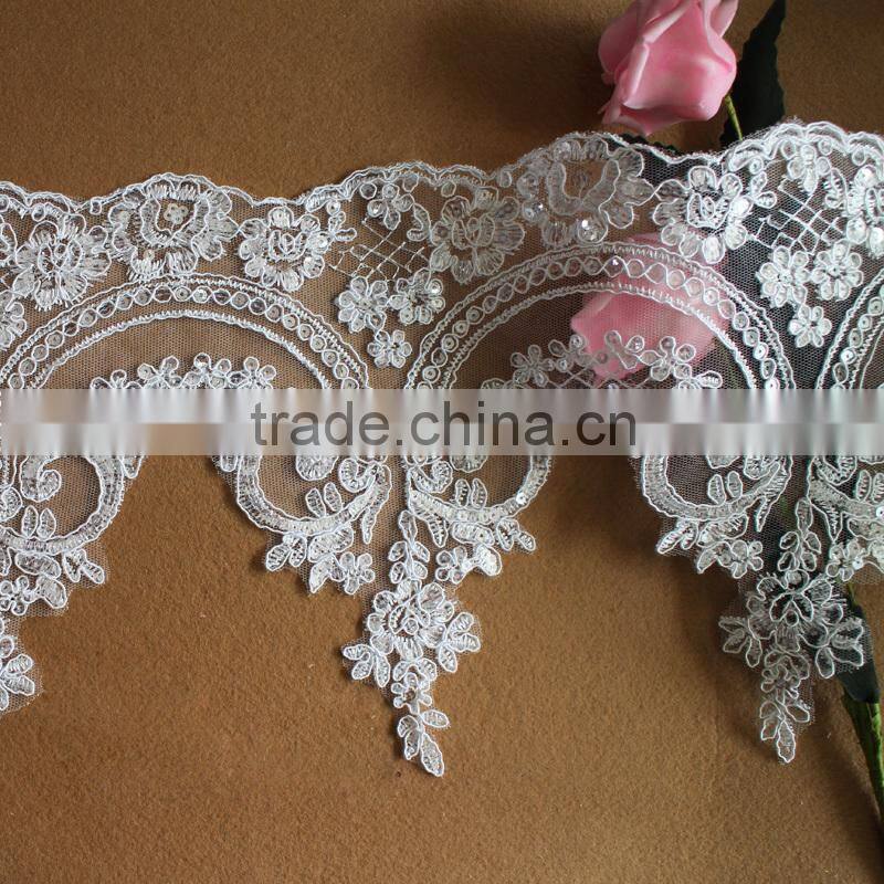 2015 new popular wedding dress bridal alencon sequins lace trim