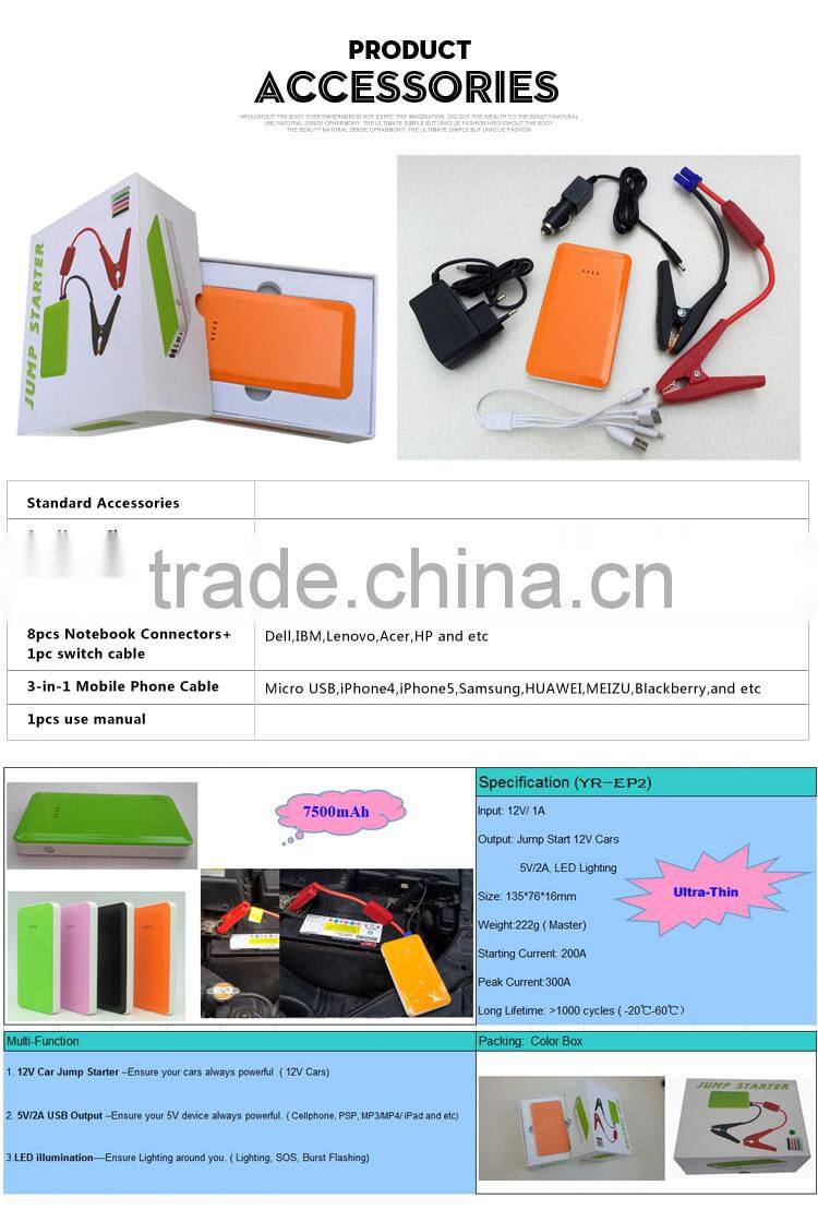 7500mAh 16mm Emergency Car Jump Starter Power Bank Emergency Car Tools
