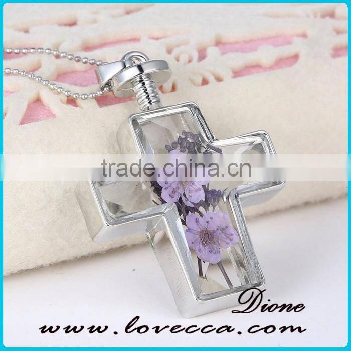 Fashion Latest Design Golden Cross Real Dried Flower Necklace Crystal