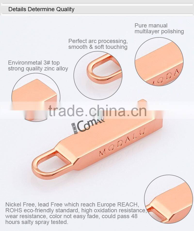 Lead free custom metal zipper puller in rose gold color for wallet