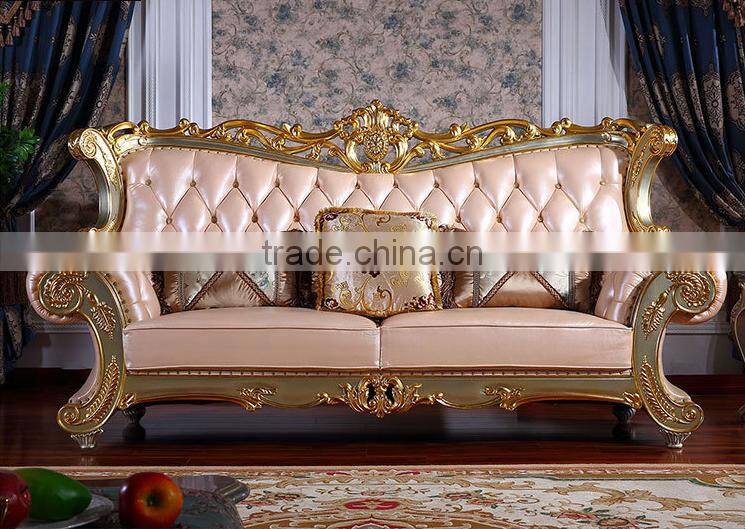 Luxury palace noble living room furniture solid wood hand carved genuine leather sofa set
