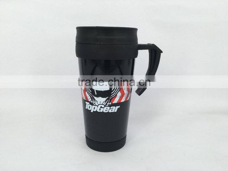 BPA free 450ml double wall plastic mug with paper insert/advertising mug with handle