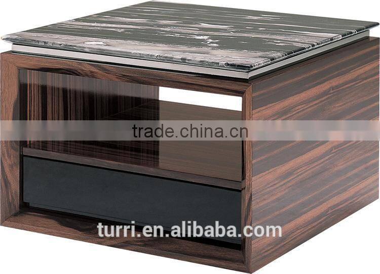 Wooden base travertine top side table with ebony base