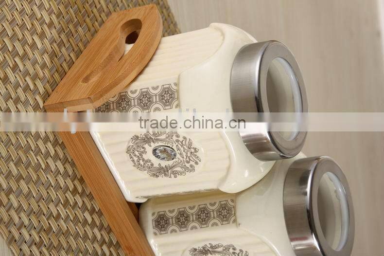 3pcs Ceramic canister set with wooden stand