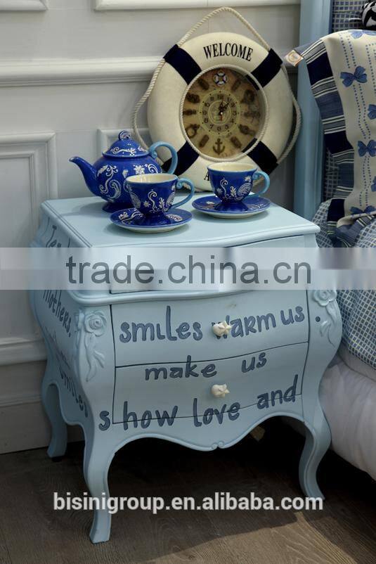 European style classic design boys light blue children wooden carved cloth art cot bed - BF07-70356