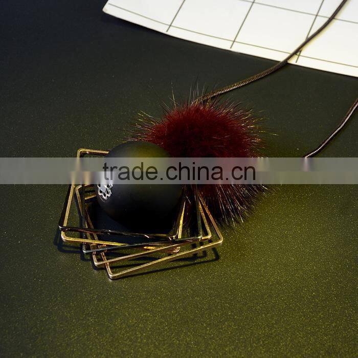 chunky ball metal square pendant necklace winter mink fur ball pendant necklace geometric sweater necklace