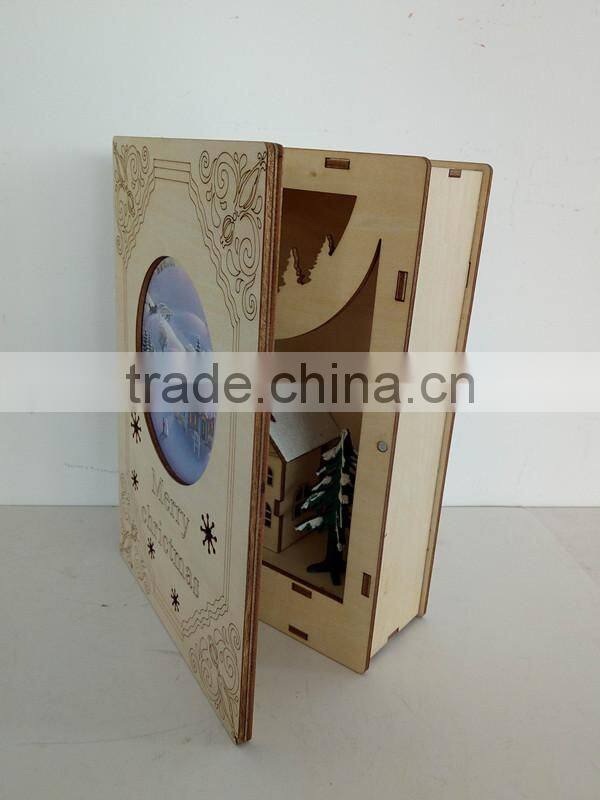 Christmas Laser Wooden Engraving Book LED Box Gift