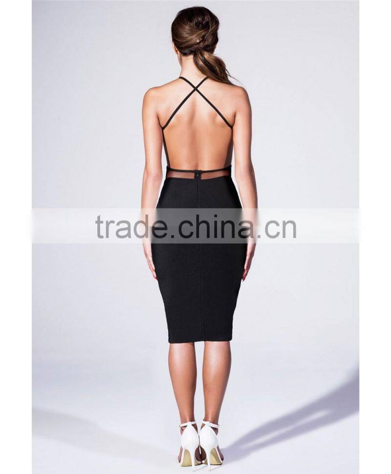 New Party Dress 2016 Women Backless Black Bodycon Pencil Midi slim Sexy Bodycon Bandage Dress