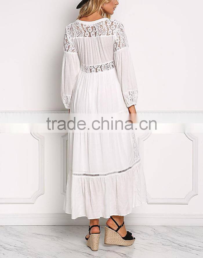 Off White Lace Trim Button Down Maxi Dress Long Frock Design HSd5221