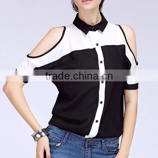 2015 summer new design new feeling front open Off the Shoulde sleeve fashion blouse with mandarin collar