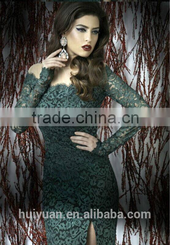 2014 sexy side slit green long sleeve velvet prom dress
