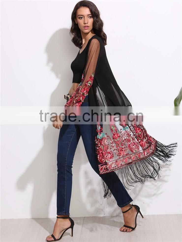 Women Long Sleeve Fashion Beachwear See Through Chiffon Long Fringe Mesh Kimono With Floral Print