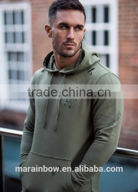 Olive Distressed Mens Pullover Hoodie 70% Cotton 30% Polyester Fleece Hoodie Tracksuit Top Fitted Gym Hoodie OEM