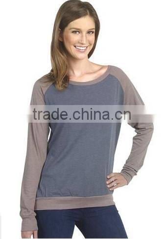 Factory Direct Wholesale Women's Cotton Poly Contrast Raglan Long Sleeve Pullover
