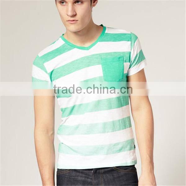 Green and White stripes men's t-shirts with pocket Fitness gym wear apparel