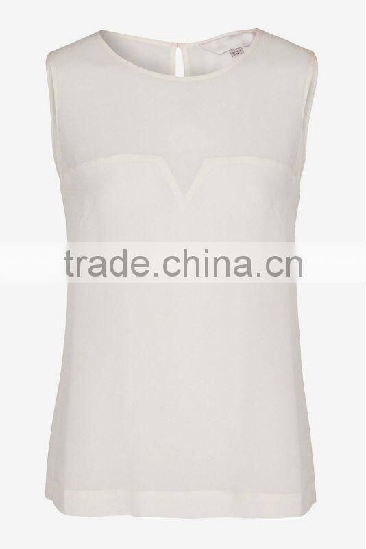 Round Neck Sleeveless Chiffon Blouse with Sheer Top