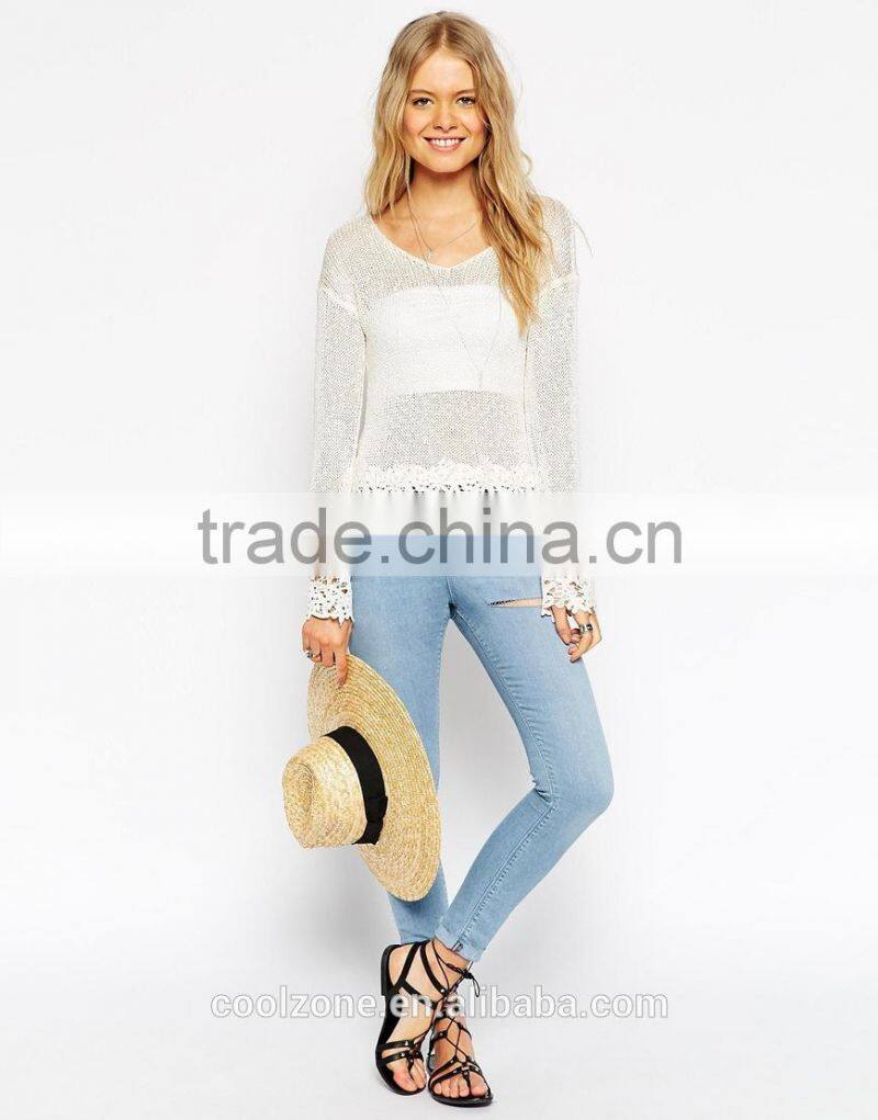 Women dropped shoulders lightweight fabric crochet top,crochet top fashion blouses 2015