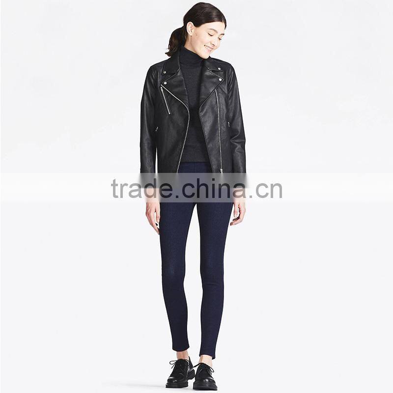 Women's cool black moto riders coats diagonal front zipper leather jackets