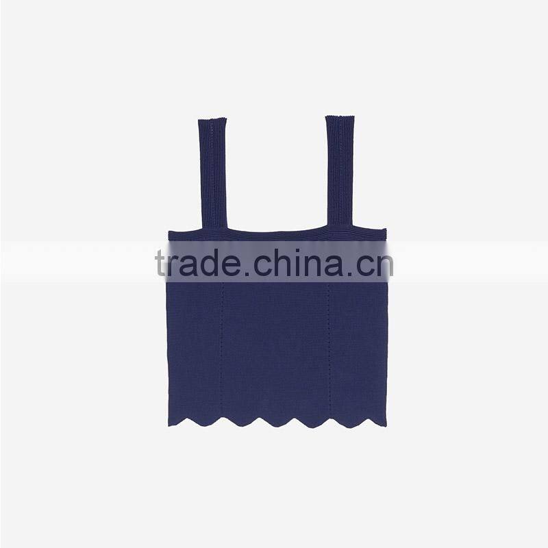 Stitched knit geometric motifs wavy hem wide straps design tank tops