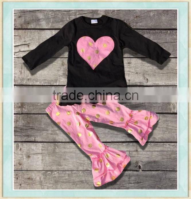 Baby girl clothing little girls boutique outfits fall pink heart gold dot sequin icing triple ruffles icing pants girls sets
