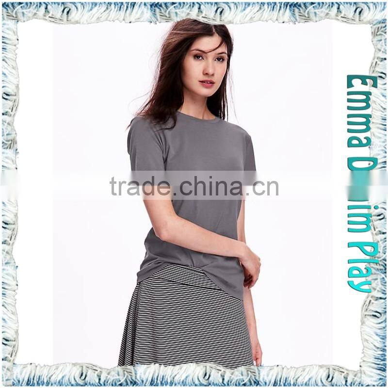 2016 New Simple Designs Plain Style Best Quality Ladies Round Neck Grey Soft Cotton T-Shirt