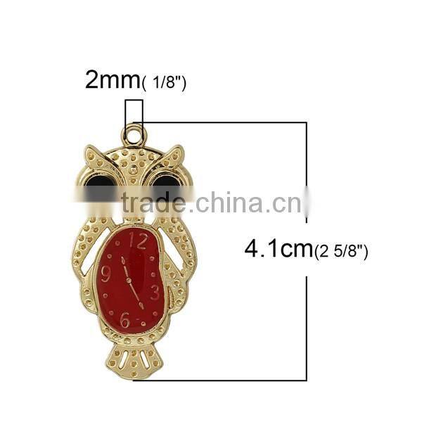 Zinc Based Alloy Halloween Owl Gold Plated Black & Red Enamel Clock Carved Pendants