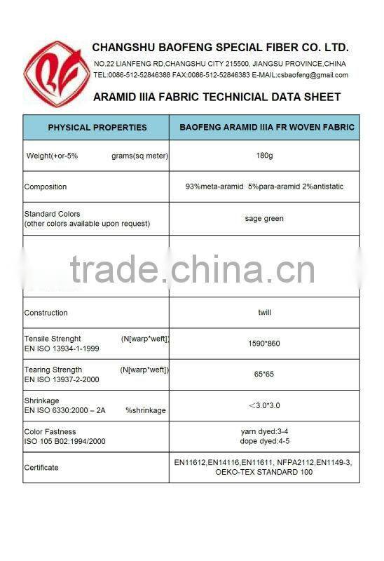 Aramid IIIA Fabric 93% Meta-aramid 5% Para-aramid 2% Antistatic Fabric