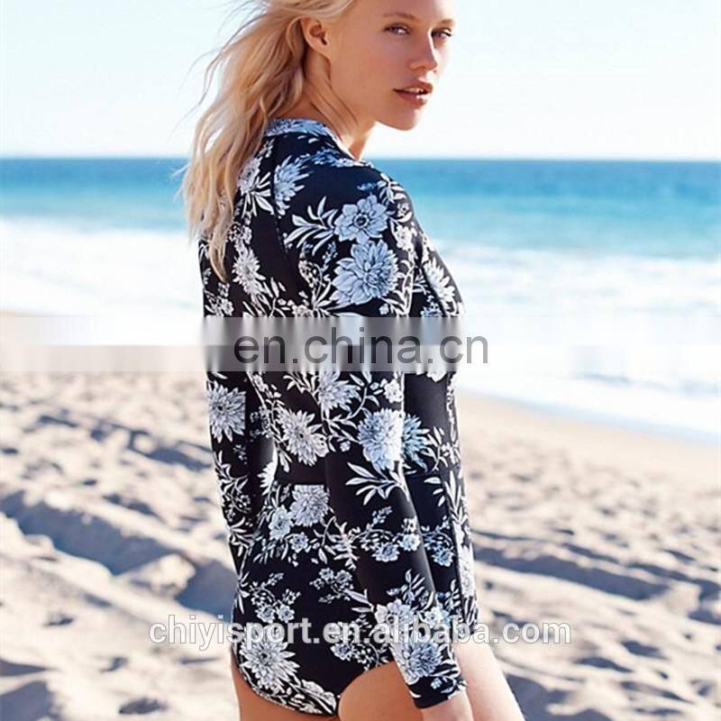 2017 tropical printing women sexy one piece long sleeve rashguard OEM