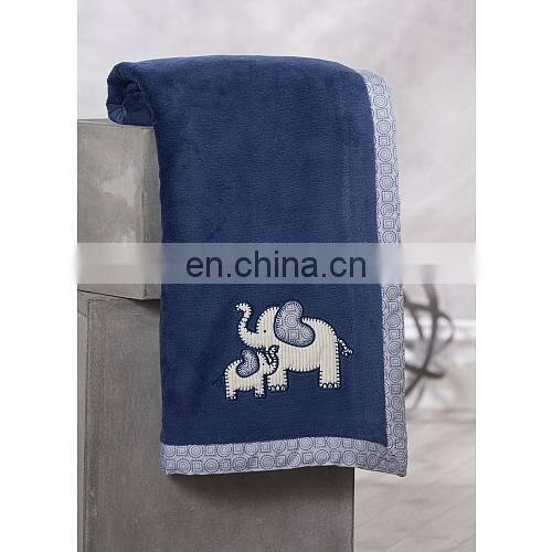 Navy Blue Double Ply Coral Fleece Fabric Selimut Jumbo Elephant Applique Bayi Blanket