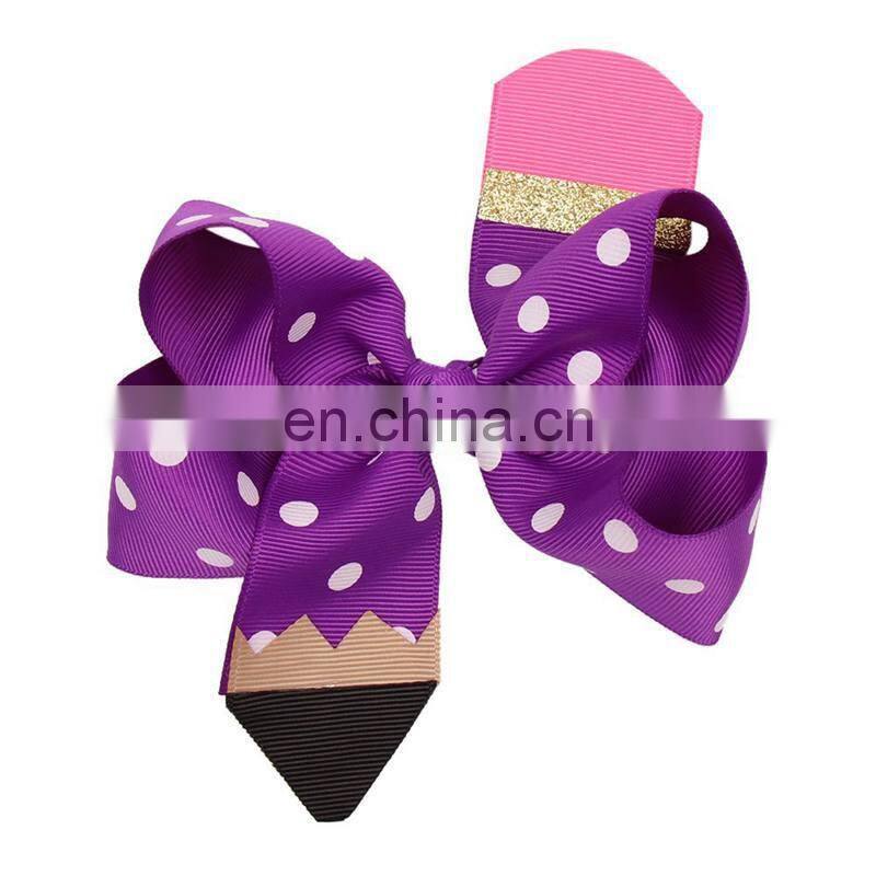 free 6''*4.5" Pencil Print Hair Bows for Girls Back to School Supplier Hairgrips Pen Quality Ribbon Bows Clips Kids Headwear