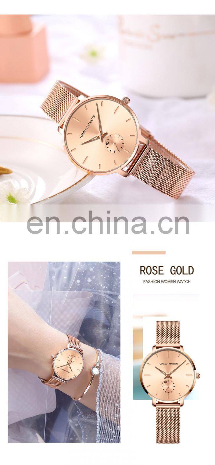 Hannah Martin 1335 Japanese Movement Luxury Ladies Watch Rose Gold Stainless Steel Mesh Belt Waterproof Quartz Wristwatches