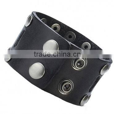 Punk Black Wide Leather Bracelet Wristband Fiver-Pointed Star Rivet Chain Bangle