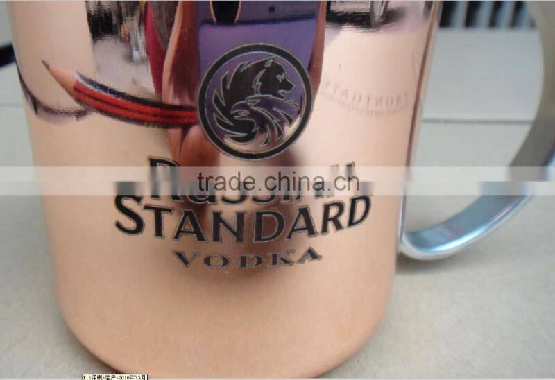 FDA 12oz Copper Plated Beer mugs Vodka mug with stainless steel handle with black laser logo