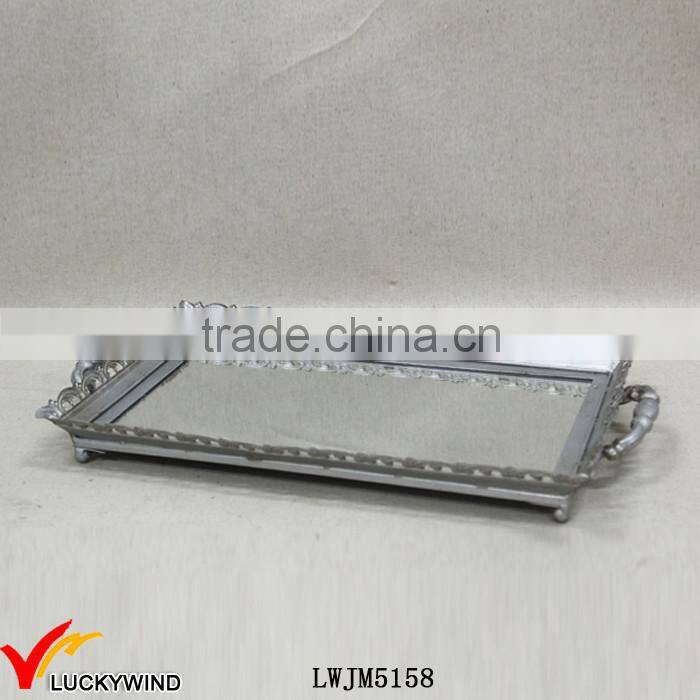 Antique Silver Metal Decorative Mirror Tray with Handle