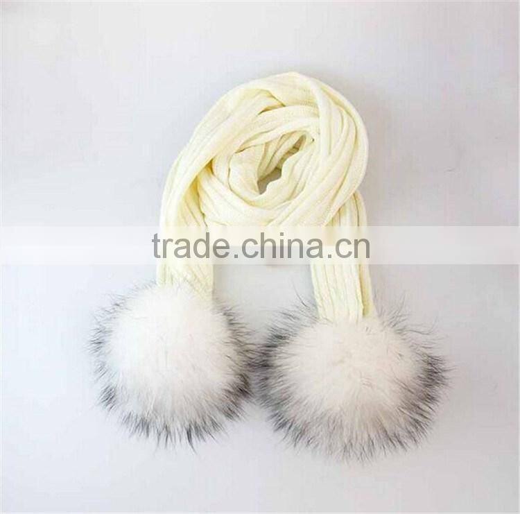 RRSC001D Genuine raccoon fur pompom scarf New winter thick White acrylic warm striped knitted scarves wool shawl