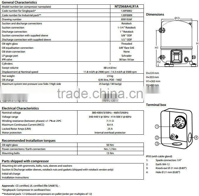 Precise cooling and humidity control Maneurop reciprocating compressor NTZ68A4LR1A ,Widely-used hermetic compressor