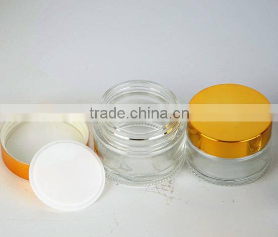 30g empty cylinder transparent facial cream cosmetic glass jar/salve oil cream jar with shiny gold/sliver aluminum screw lid