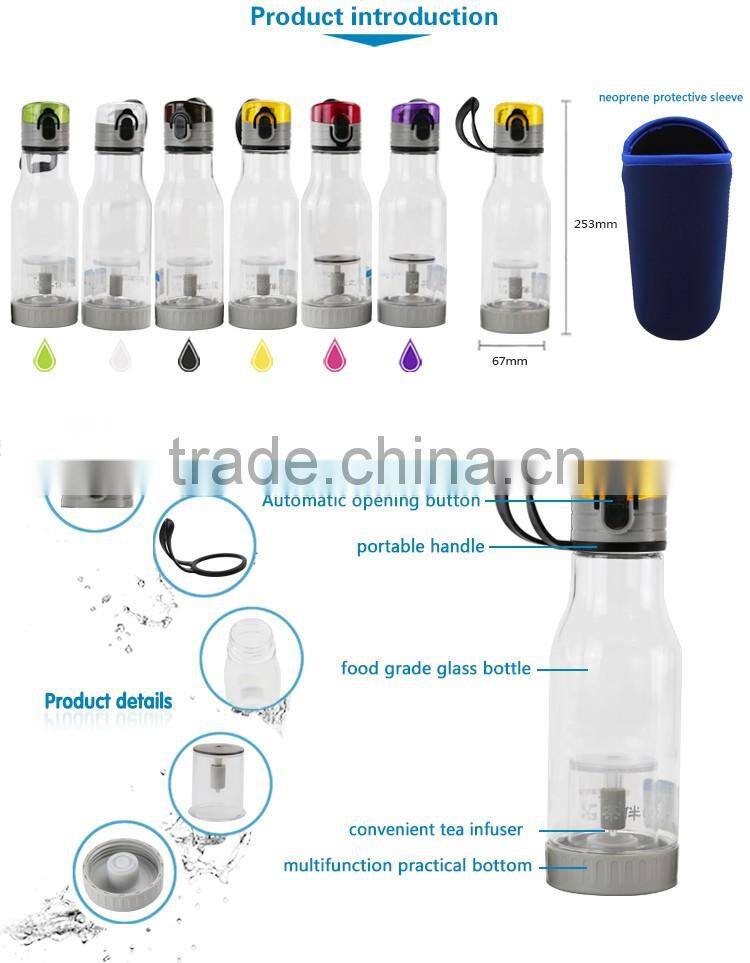Portable flip lid top glass tea infuser water bottle