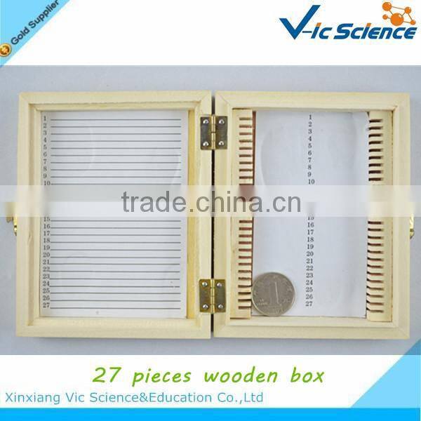 Differnt kinds of prepared microscope slides pine wood box