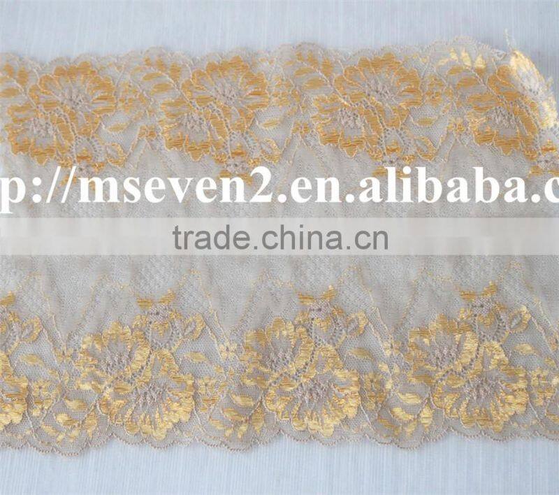 100% embroidery latest design in gold color fower elastic band lace frontal for dress