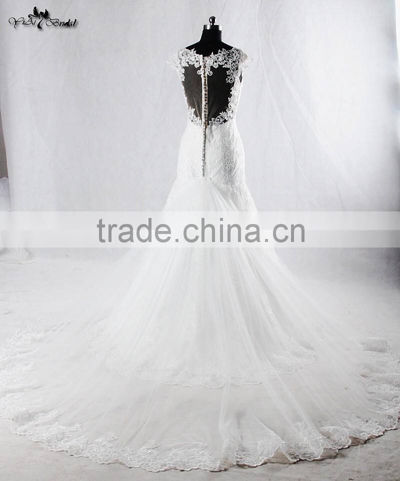 RSW928 Cap Sleeves Illusion Neckline See Through Back Lace Wedding Dresses Mermaid With Detachable Train