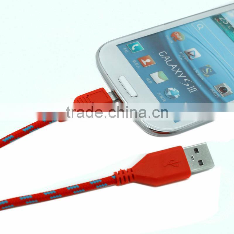 2015 wholesale colorful micro usb cable for Blackberry/HTC/Samsung,2M 6FT fabric nylon braided micro usb cable(white)
