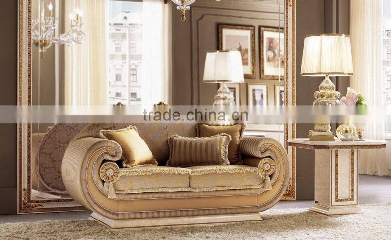 Italian Palace Golden Fabric Love Sofa/Two Seater Sofa With Matching Wooden End Table(MOQ=1 SET)