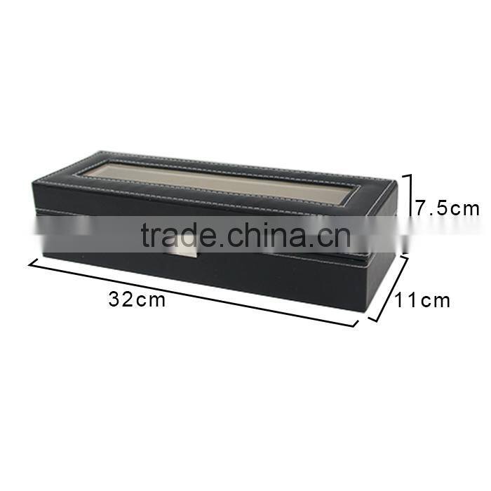 6 Mens Watch Box Black Leather Watch Case Glass Top Watch Display Organizer