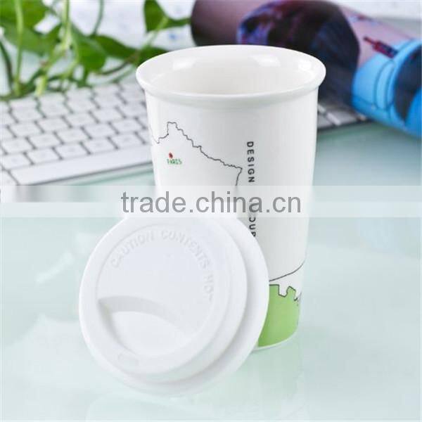 Ceramic double wall coffee cup with silicone cup lid